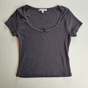 Orange Kiss Y2K Vintage Women Ribbed Bow Top Gray 90s Crop Large Babydoll